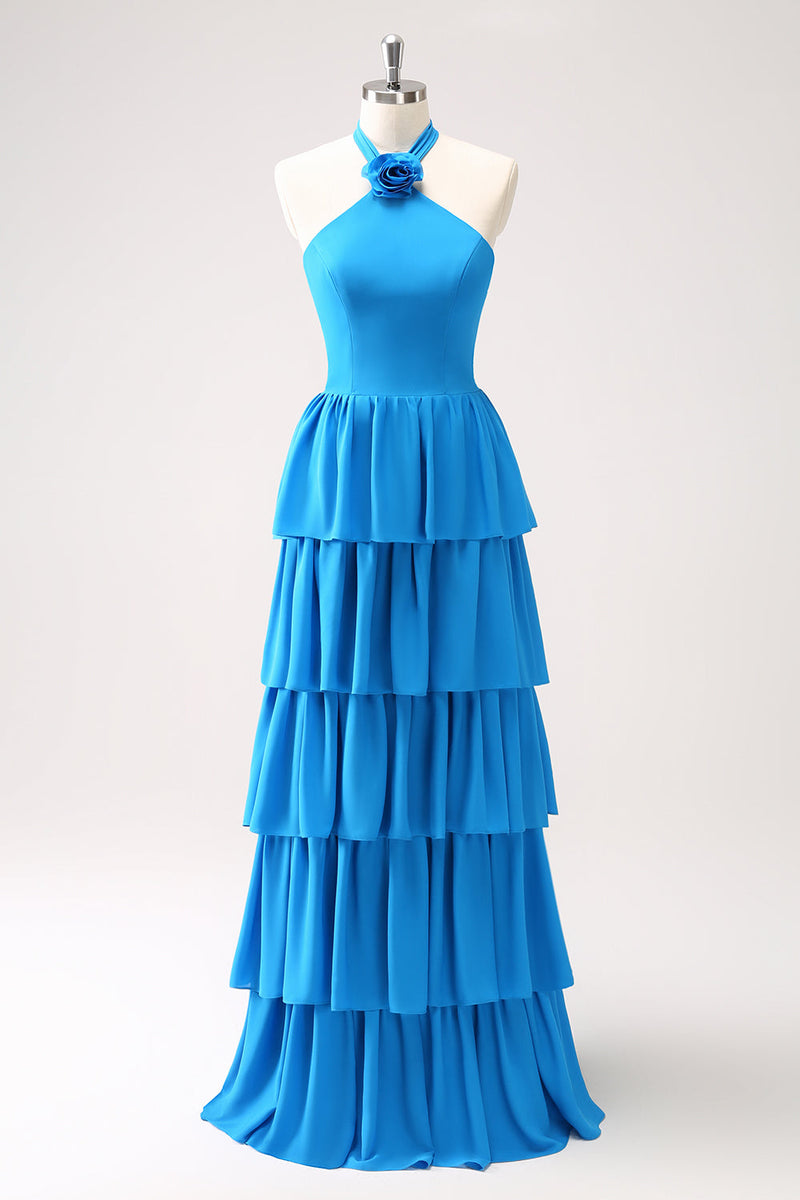 Load image into Gallery viewer, Blue Tiered Chiffon Halter Bridesmaid Dress with Flower