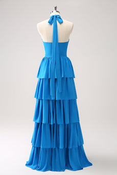 Blue Tiered Chiffon Halter Bridesmaid Dress with Flower