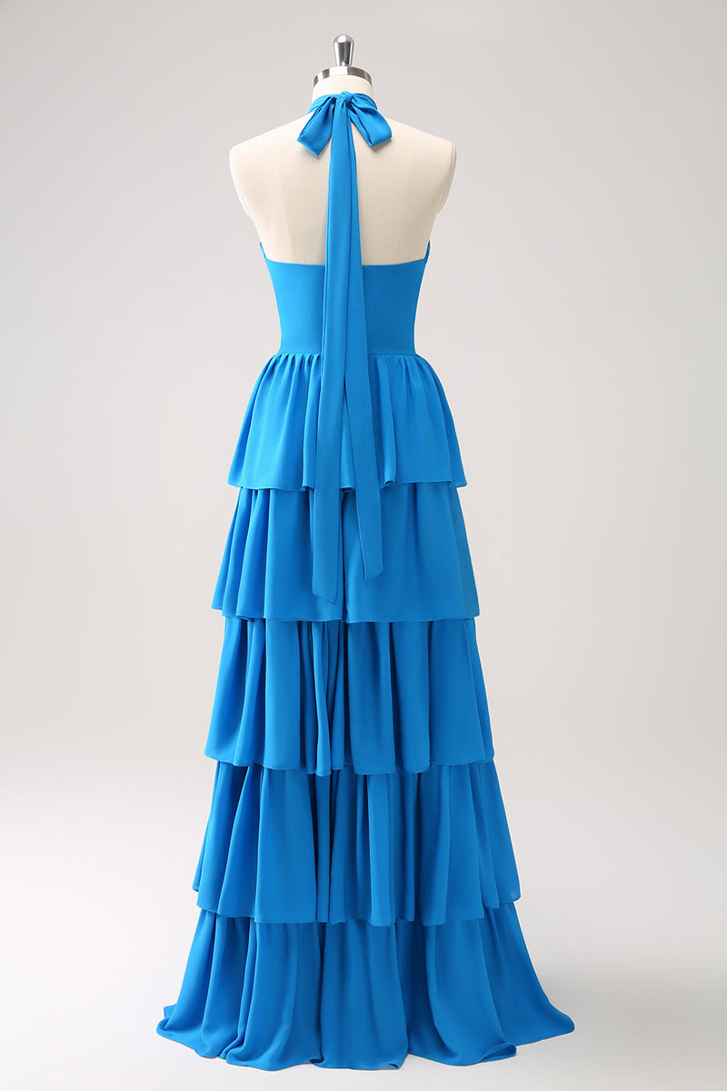 Load image into Gallery viewer, Blue Tiered Chiffon Halter Bridesmaid Dress with Flower