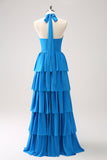 Blue Tiered Chiffon Halter Bridesmaid Dress with Flower