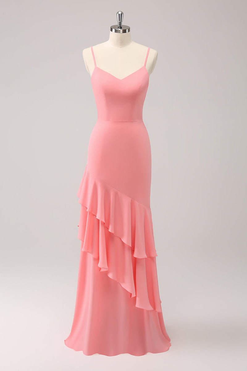 Load image into Gallery viewer, Pink Spaghetti Straps Mermaid Bridesmaid Dress with Ruffles