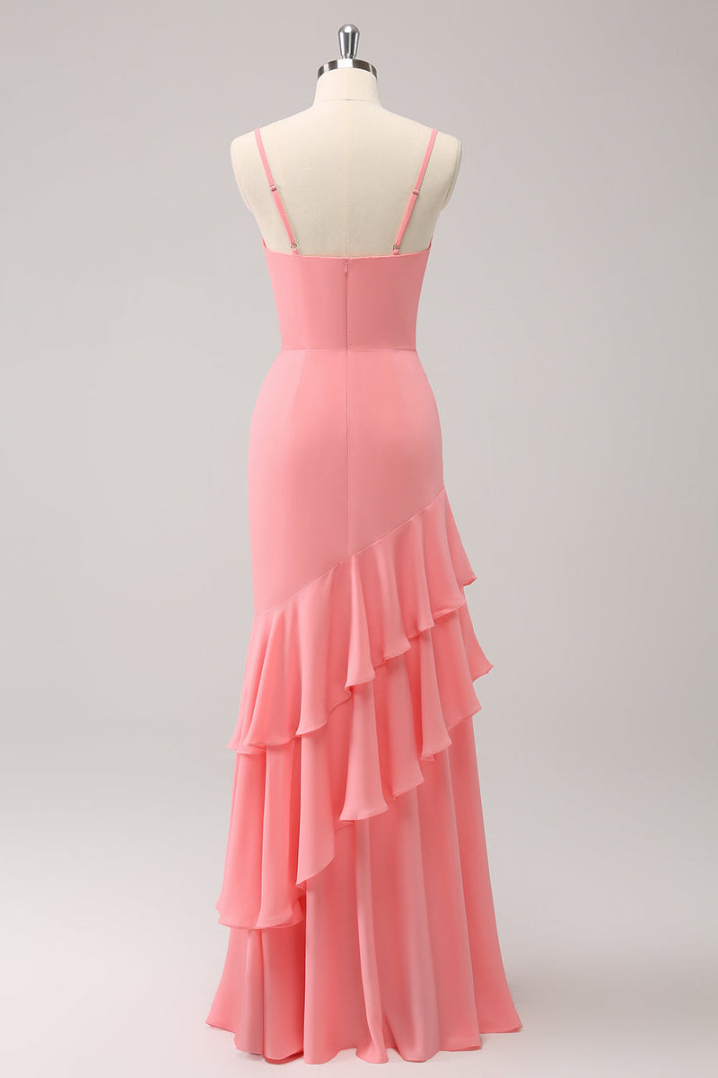 Load image into Gallery viewer, Pink Spaghetti Straps Mermaid Bridesmaid Dress with Ruffles