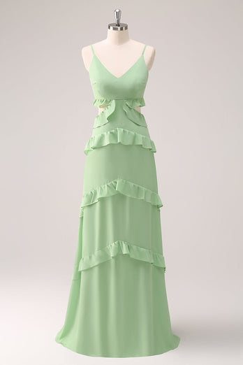 Light Green Spaghetti Straps Hollow Out Long Bridesmaid Dress with Slit