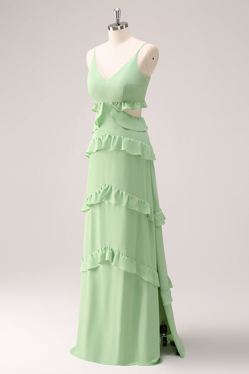 Load image into Gallery viewer, Light Green Spaghetti Straps Hollow Out Long Bridesmaid Dress with Slit