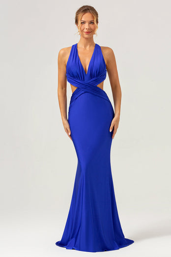 Royal Blue Sheath Cut Out Ruched Long Bridesmaid Dress