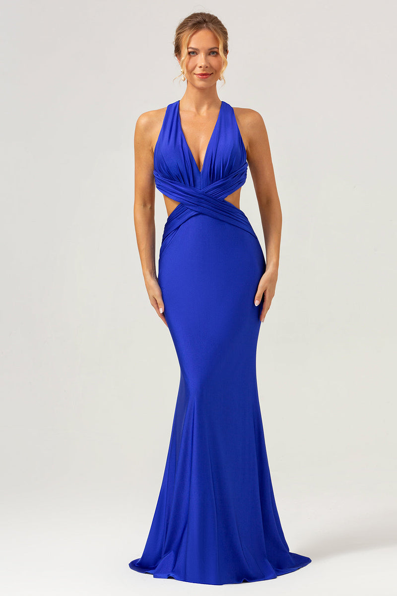 Load image into Gallery viewer, Royal Blue Mermaid V Neck Cut Out Ruched Long Bridesmaid Dress