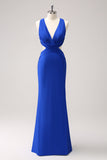 Royal Blue Mermaid V Neck Cut Out Ruched Long Bridesmaid Dress