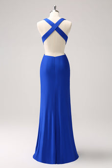 Royal Blue Sheath Cut Out Ruched Long Bridesmaid Dress