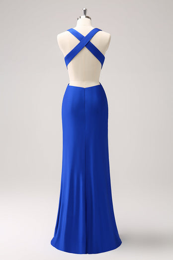 Royal Blue Sheath Cut Out Ruched Long Bridesmaid Dress