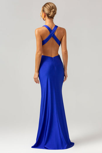 Royal Blue Sheath Cut Out Ruched Long Bridesmaid Dress