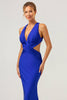 Load image into Gallery viewer, Royal Blue Mermaid V Neck Cut Out Ruched Long Bridesmaid Dress