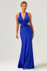 Load image into Gallery viewer, Royal Blue Mermaid V Neck Cut Out Ruched Long Bridesmaid Dress