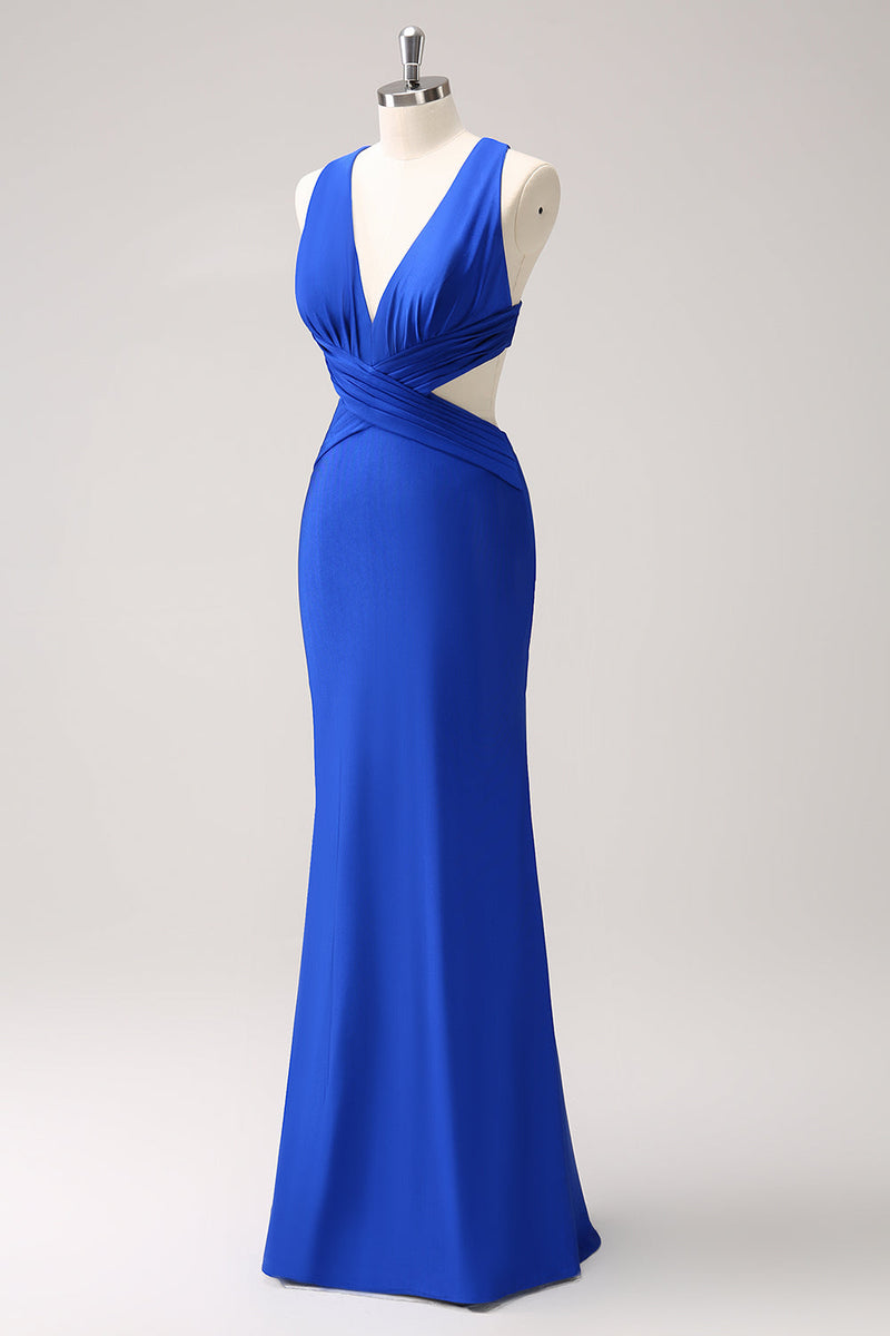 Load image into Gallery viewer, Royal Blue Sheath Cut Out Ruched Long Bridesmaid Dress