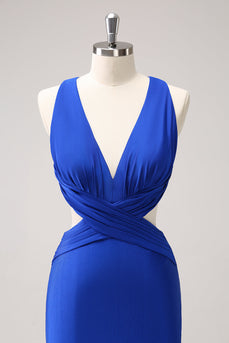 Royal Blue Sheath Cut Out Ruched Long Bridesmaid Dress