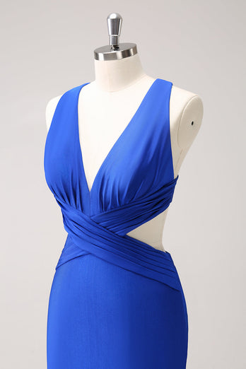 Royal Blue Sheath Cut Out Ruched Long Bridesmaid Dress