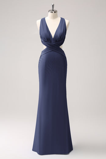 Royal Blue Sheath Cut Out Ruched Long Bridesmaid Dress