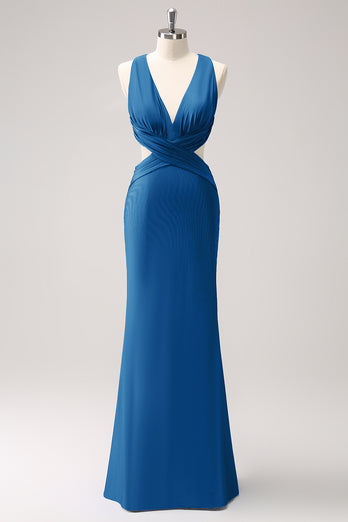 Royal Blue Sheath Cut Out Ruched Long Bridesmaid Dress