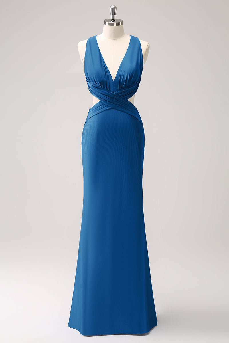 Load image into Gallery viewer, Royal Blue Sheath Cut Out Ruched Long Bridesmaid Dress