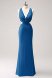 Royal Blue Sheath Cut Out Ruched Long Bridesmaid Dress