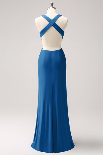 Royal Blue Sheath Cut Out Ruched Long Bridesmaid Dress