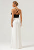 Load image into Gallery viewer, Black White Sheath Spaghetti Straps V Neck Long Prom Dress With Front Split