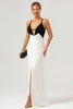 Load image into Gallery viewer, Black White Sheath Spaghetti Straps V Neck Long Prom Dress With Front Split