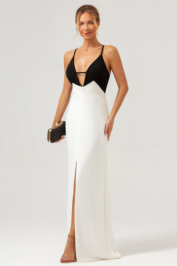 Black White Sheath Spaghetti Straps V Neck Long Prom Dress With Front Split