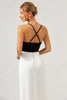 Load image into Gallery viewer, Black White Sheath Spaghetti Straps V Neck Long Prom Dress With Front Split