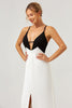 Load image into Gallery viewer, Black White Sheath Spaghetti Straps V Neck Long Prom Dress With Front Split