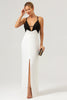 Load image into Gallery viewer, Black White Sheath Spaghetti Straps Long Prom Dress With Front Split