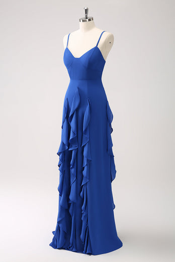 Dark Blue Spaghetti Straps Bridesmaid Dress with Ruffles