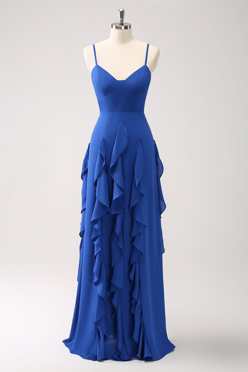 Load image into Gallery viewer, Dark Blue Spaghetti Straps Bridesmaid Dress with Ruffles