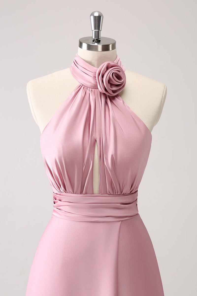 Load image into Gallery viewer, Pink Keyhole A-Line Satin Bridesmaid Dress with Slit