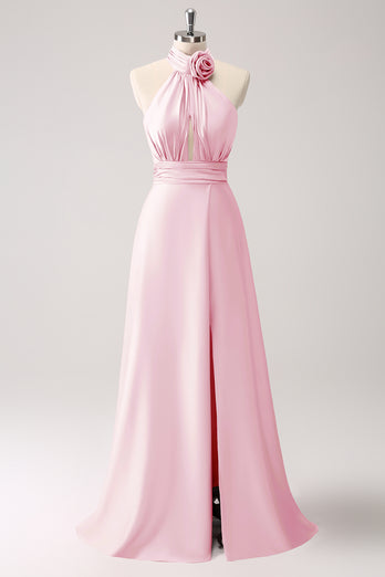 Pink Keyhole A-Line Satin Bridesmaid Dress with Slit