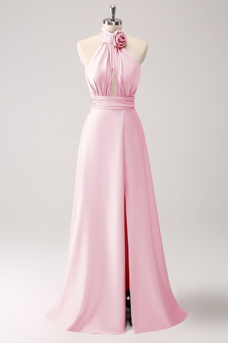 Load image into Gallery viewer, Pink Keyhole A-Line Satin Bridesmaid Dress with Slit