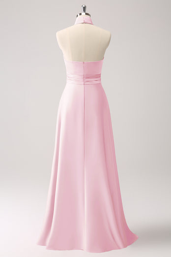 Pink Keyhole A-Line Satin Bridesmaid Dress with Slit