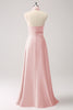 Load image into Gallery viewer, Pink Keyhole A-Line Satin Bridesmaid Dress with Slit