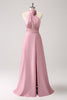 Load image into Gallery viewer, Pink Keyhole A-Line Satin Bridesmaid Dress with Slit