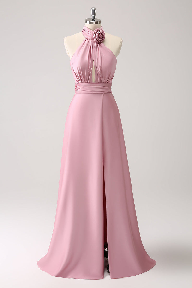 Load image into Gallery viewer, Pink Keyhole A-Line Satin Bridesmaid Dress with Slit