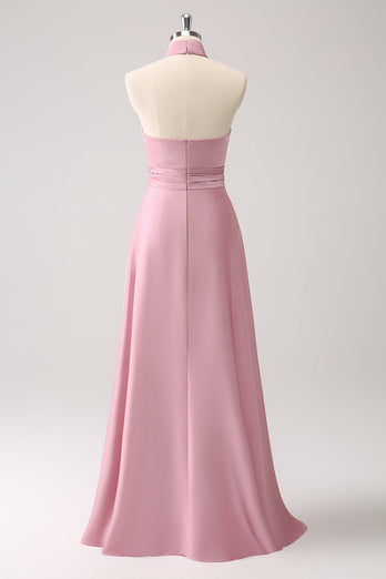 Pink Keyhole A-Line Satin Bridesmaid Dress with Slit