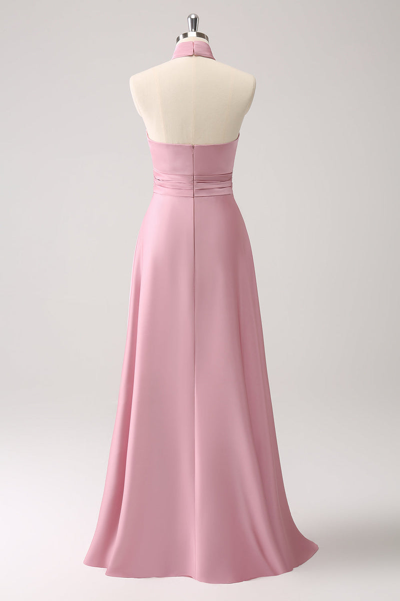 Load image into Gallery viewer, Pink Keyhole A-Line Satin Bridesmaid Dress with Slit