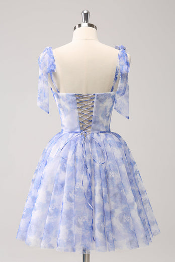 Blue Corset A-Line Short Floral Graduation Dress