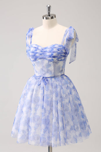 Blue Corset A-Line Short Floral Graduation Dress