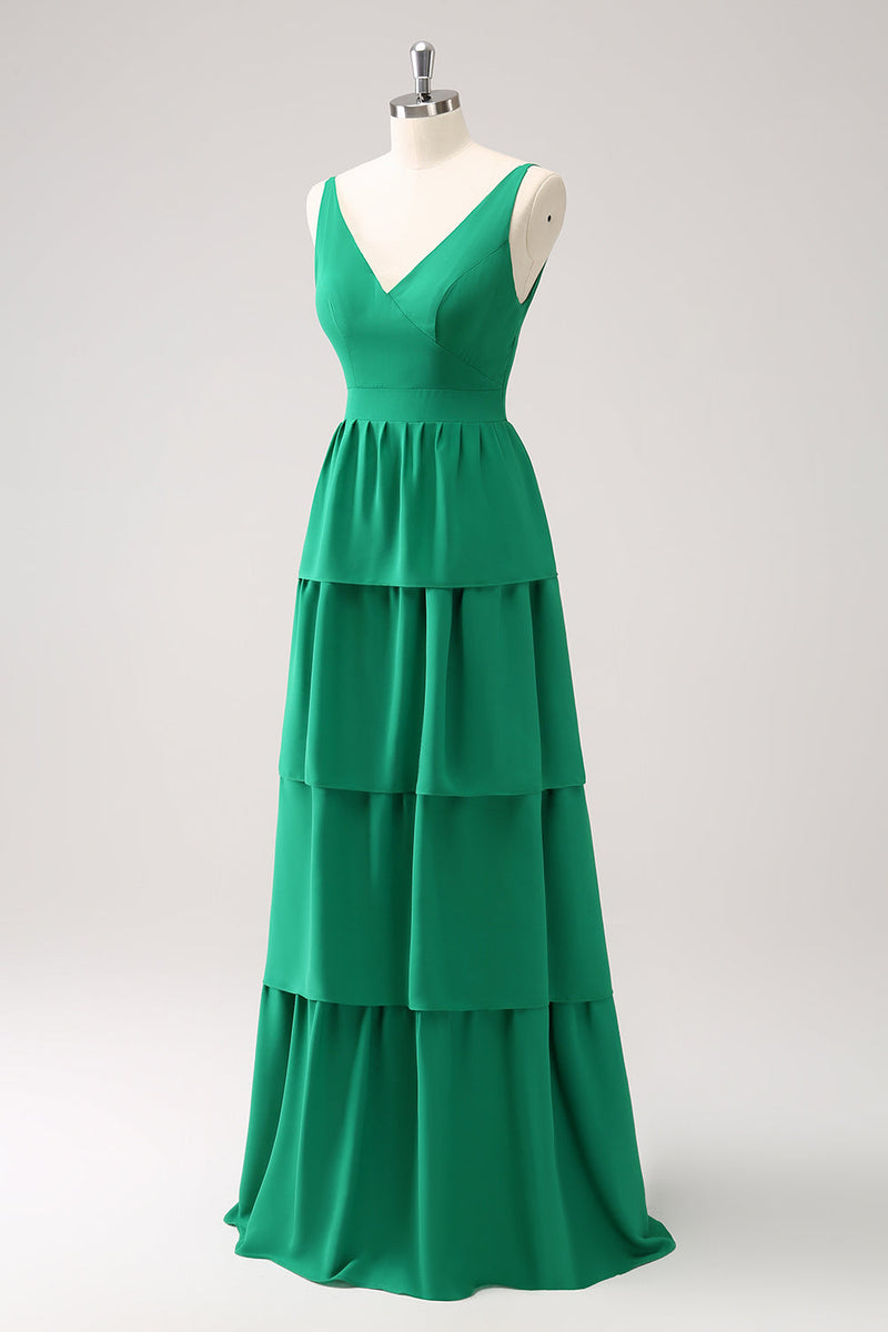 Load image into Gallery viewer, Green A-Line V-Neck Tiered Long Bridesmaid Dress