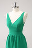 Load image into Gallery viewer, Green A-Line V-Neck Tiered Long Bridesmaid Dress