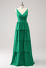 Load image into Gallery viewer, Green A-Line V-Neck Tiered Long Bridesmaid Dress