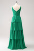 Load image into Gallery viewer, Green A-Line V-Neck Tiered Long Bridesmaid Dress