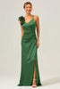 Load image into Gallery viewer, Olive Green Sheath Pleated Satin Long Bridesmaid Dress with Slit