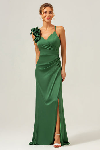 Olive Green Pleated Satin Bridesmaid Dress with Slit