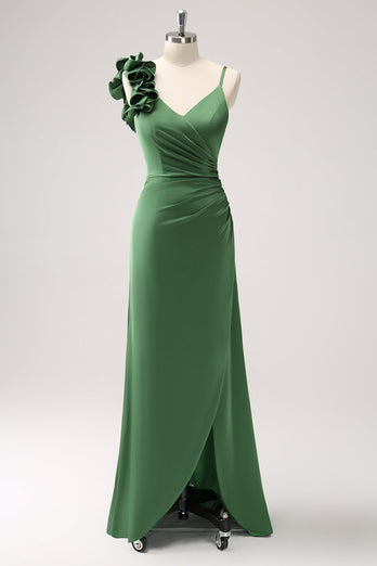 Olive Green Sheath Pleated Satin Long Bridesmaid Dress with Slit